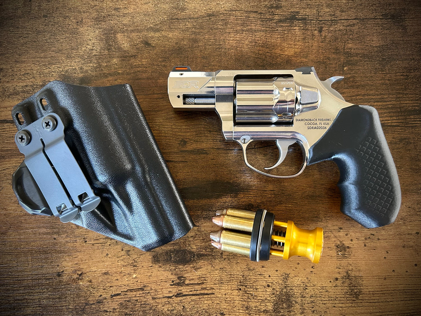 Concealed carry grips for the hammered Diamondback SDR revolver. Before, wheelgun folks had to choose between shooting comfort (rubber grips) or carry comfort (wood or G10 grips). Recoil Rider revolver grips provide both, featuring the recoil absorption of rubber grips with the snag-free comfort of wooden grips. Plus, they reduce the weight for easier carry and improve the grip angle of your Diamondback SDR for a more natural point-of-aim. Perfect if you're carrying your revolver AIWB or in the pocket.