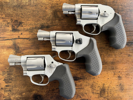 Concealed carry grips for the Smith and Wesson J-Frame line. Before, wheelgun folks had to choose between shooting comfort (rubber grips) or carry comfort (wood or G10 grips). Recoil Rider revolver grips provide both, featuring the recoil absorption of rubber grips with the snag-free comfort of wooden grips. Plus, they reduce the weight for easier carry and improve the grip angle of your S&W J-Frame for a more natural point-of-aim. Easily carry your revolver AIWB or in the pocket.