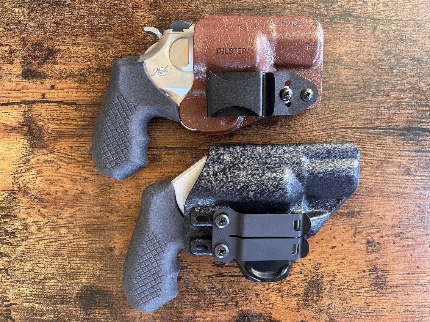 Kimber K6XS in the Harry's Holster Icon 2.0 with Recoil Rider Revolver grips, displayed next to the Kimber K6S DASA in the Tulster Rath holster with a Vedder clip and Recoil Rider revolver grips.