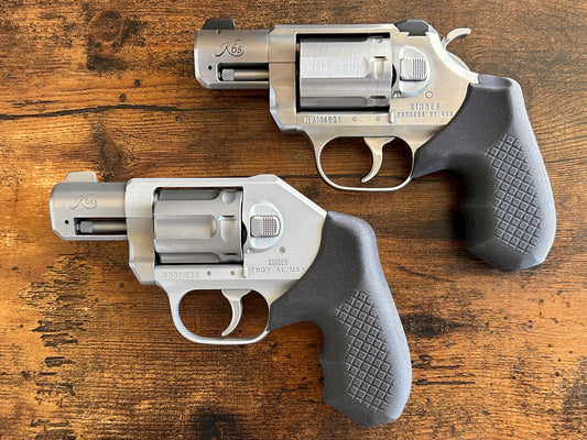 "Zero-compromise" concealed carry grips for the Kimber K6XS and K6S revolver line. Before, wheelgun folks had to choose between shooting comfort (rubber grips) or carry comfort (wood or G10 grips). Recoil Rider revolver grips provide both, featuring the recoil absorption of rubber grips with the snag-free comfort of wooden grips. Plus, they reduce the weight for easier carry. If you're carrying your revolver AIWB or in the pocket, these utilitarian grips will provide a superior shooting and CCW experience. 