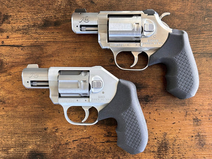 "Zero-compromise" concealed carry grips for the Kimber K6XS and K6S revolver line. Before, wheelgun folks had to choose between shooting comfort (rubber grips) or carry comfort (wood or G10 grips). Recoil Rider revolver grips provide both, featuring the recoil absorption of rubber grips with the snag-free comfort of wooden grips. Plus, they reduce the weight for easier carry. If you're carrying your revolver AIWB or in the pocket, these utilitarian grips will provide a superior shooting and CCW experience. 