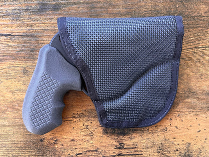 Ruger LCR with Recoil Rider CCW Grips in the DeSantis gunhide holster for pocket carry.