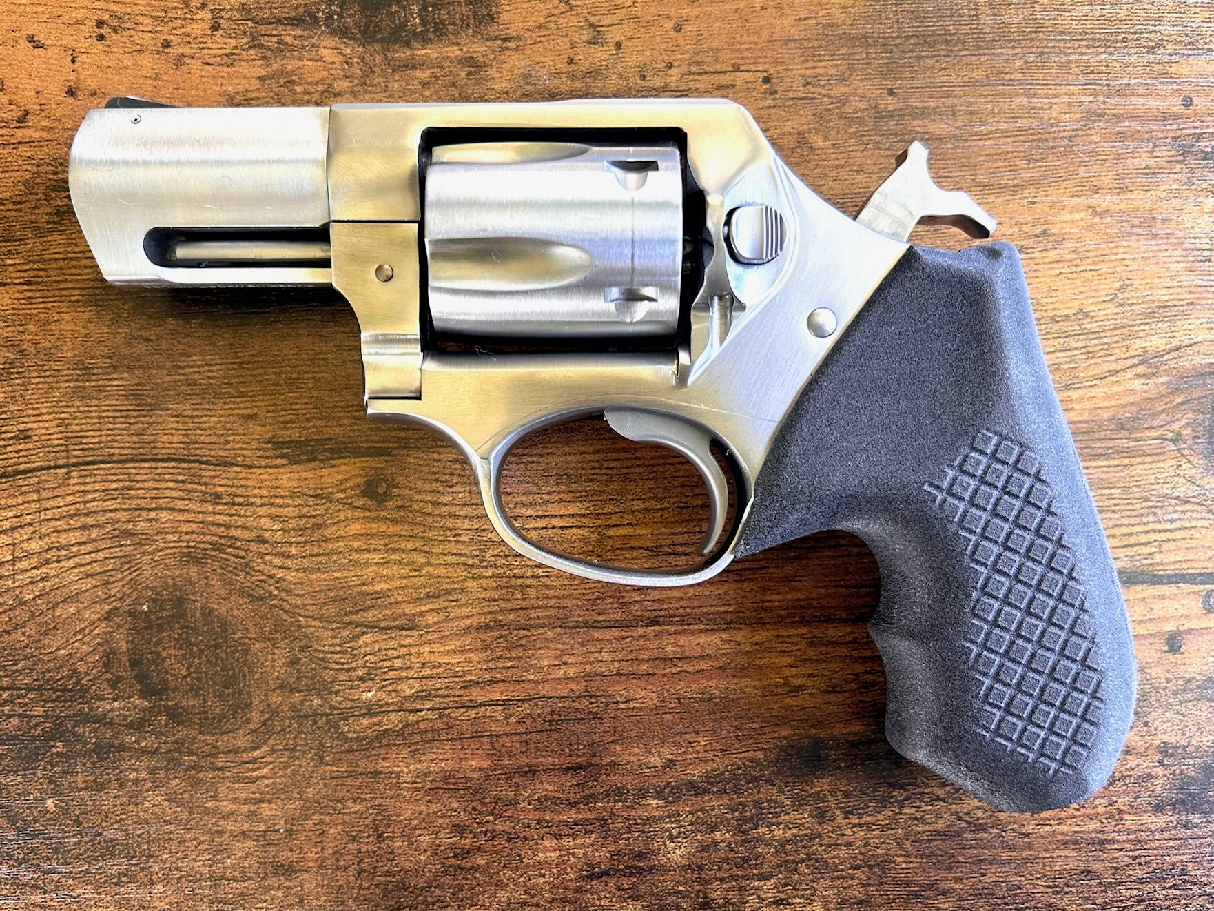 Ruger SP101 with Recoil Rider revolver grips. Hammer is in the cocked position to demonstrate full clearance in single action only.