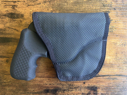 Ruger LCR with Recoil Rider Boot Grips in the DeSantis gunhide holster for pocket carry.