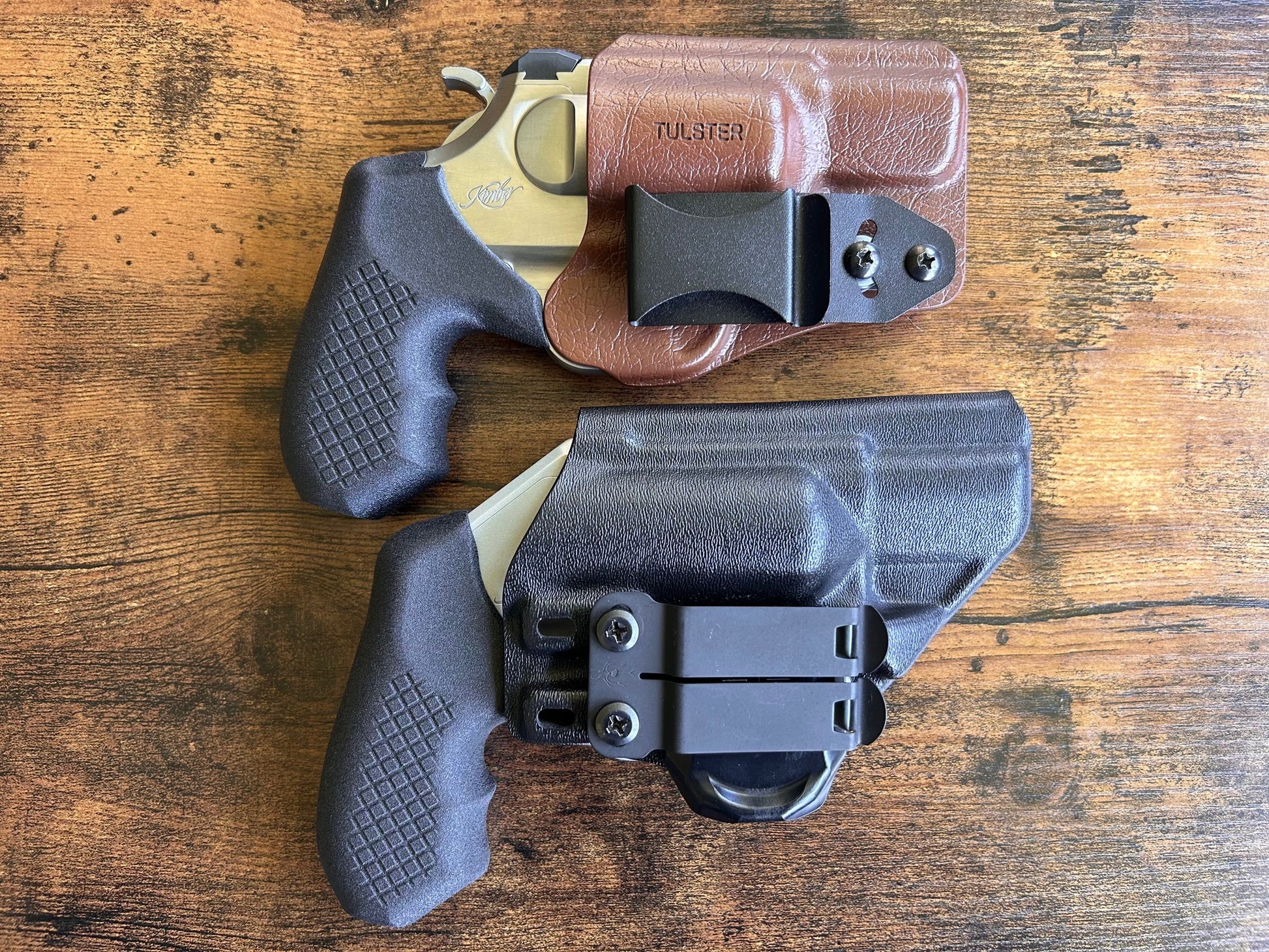 Kimber K6XS in the Harry's Holster Icon 2.0 with Recoil Rider Revolver grips, displayed next to the Kimber K6S DASA in the Tulster Rath holster with a Vedder clip and Recoil Rider revolver grips.