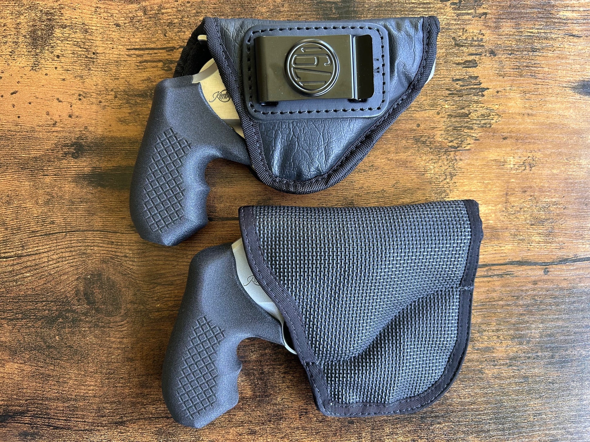 Kimber K6XS in the DeSantis Gunhide Pocket Holster with Recoil Rider Revolver grips, displayed next to the Kimber K6S DASA in the 1791 Holster and Recoil Rider revolver grips.