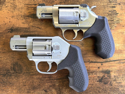 "Zero-compromise" concealed carry grips for the Kimber K6XS and K6S revolver line. Before, wheelgun folks had to choose between shooting comfort (rubber grips) or carry comfort (wood or G10 grips). Recoil Rider revolver grips provide both, featuring the recoil absorption of rubber grips with the snag-free comfort of wooden grips. Plus, they reduce the weight for easier carry. If you're carrying your revolver AIWB or in the pocket, these utilitarian grips will provide a superior shooting and CCW experience. 