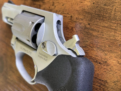 "Zero-compromise" concealed carry grips for the Taurus 856 line. Before, wheelgun folks had to choose between shooting comfort (rubber grips) or carry comfort (wood or G10 grips). Recoil Rider revolver grips provide both, featuring the recoil absorption of rubber grips with the snag-free comfort of wooden grips. Plus, they reduce the weight for easier carry and improve the grip angle of your Taurus 856 for a more natural point-of-aim. If you're carrying your revolver AIWB or in the pocket, these utilitarian