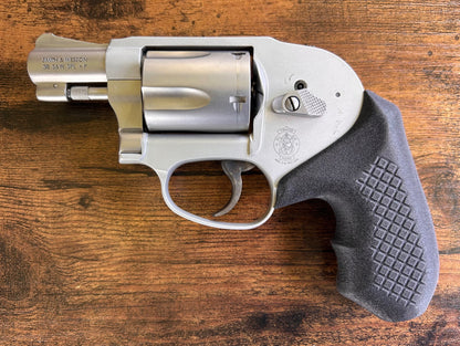 Smith and Wessom 638 (shrouded hammer humpback) and recoil rider revolver grips for maximum recoil control and comfort for concealed carry, pocket and appendix AIWB carry.