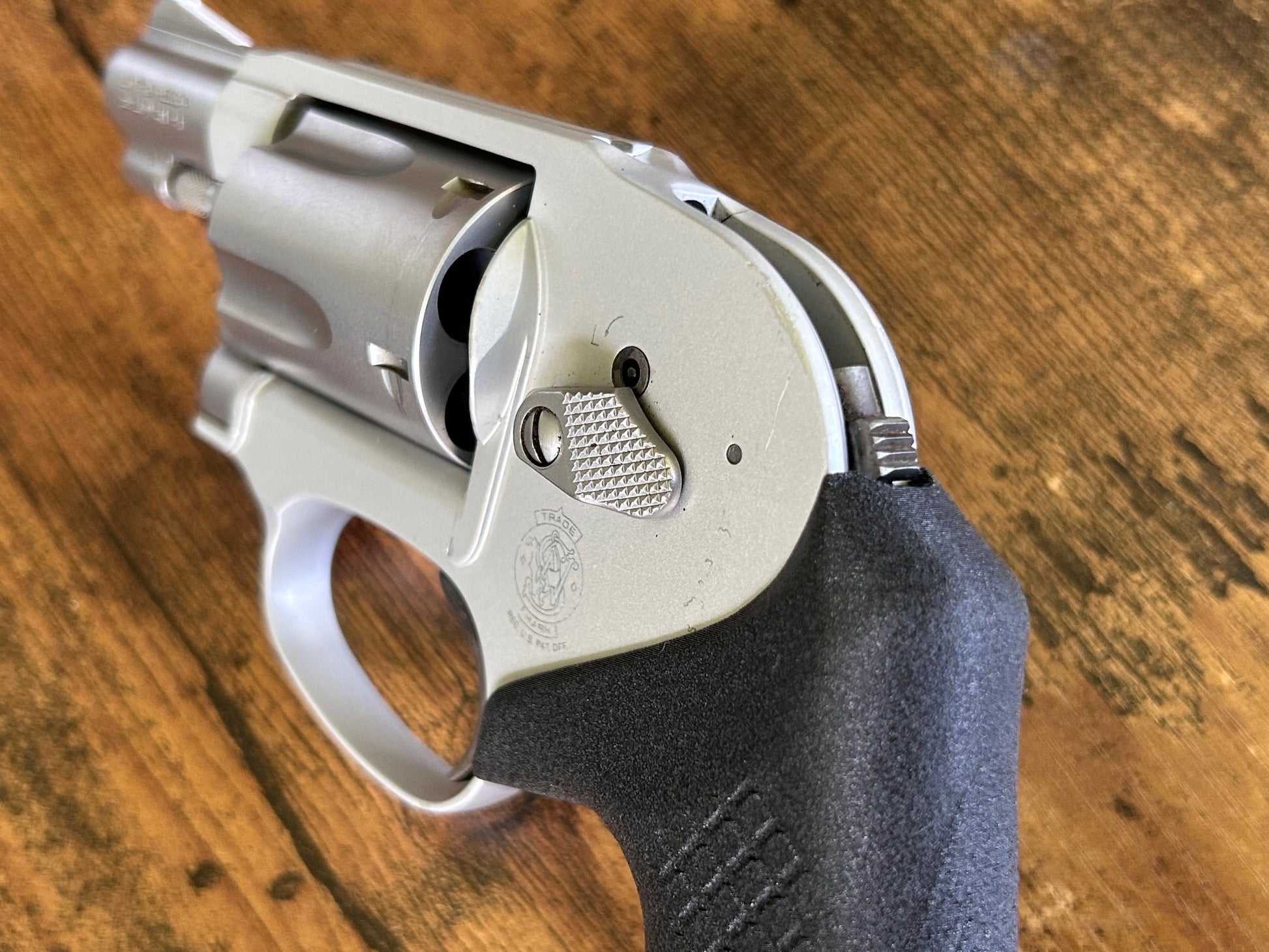 Shrouded hammer J-Frame (Model 638 and Model 49) with Recoil Rider grips.
