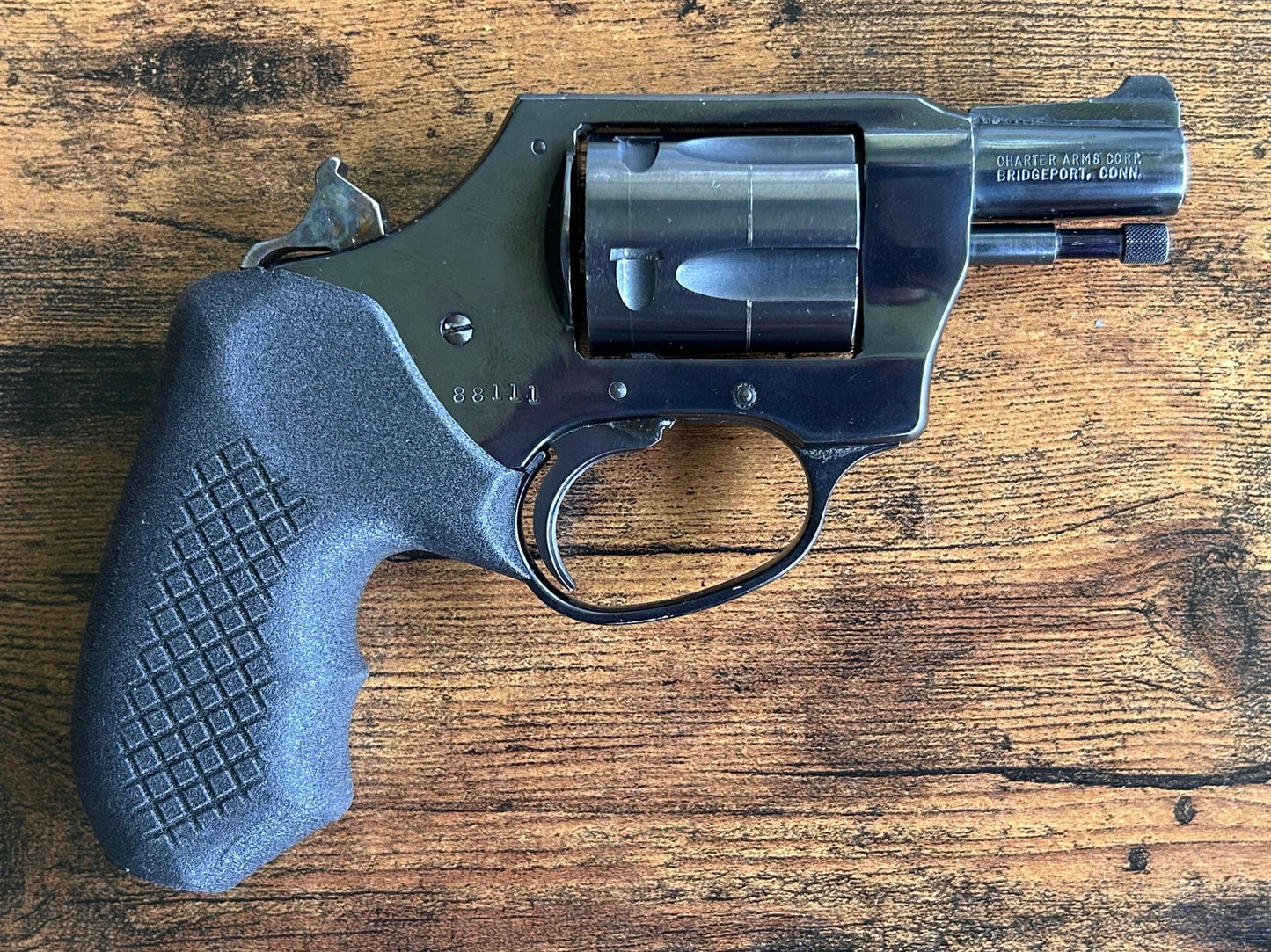 Charter Arms Undercover with Recoil Rider revolver grips. Hammer is in the cocked position to demonstrate full clearance in single action only. This Charter Arms is an early Bridgeport model.