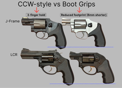 Recoil Rider Revolver grips have a 3 finger grip with a dedicated spot for the pinky, but conceal carry in the pocket like a boot grip. Here is a comparison showing the differences between the CCW grip and the Boot grip for the Smith & Wesson J-Frame and the Ruger LCR.